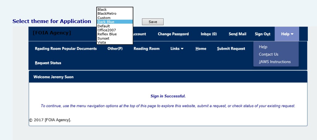 User interface for selecting application themes and confirming successful sign-in.